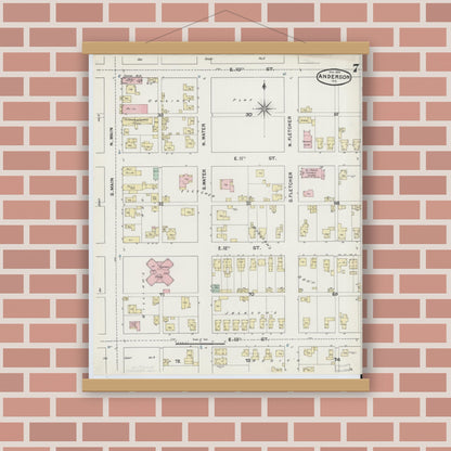 Old map wall art mockup — magnetic wood frame on brick wall — Sanborn Fire Insurance Map from Anderson, Madison County, Indiana (1890), Sheet #0007
