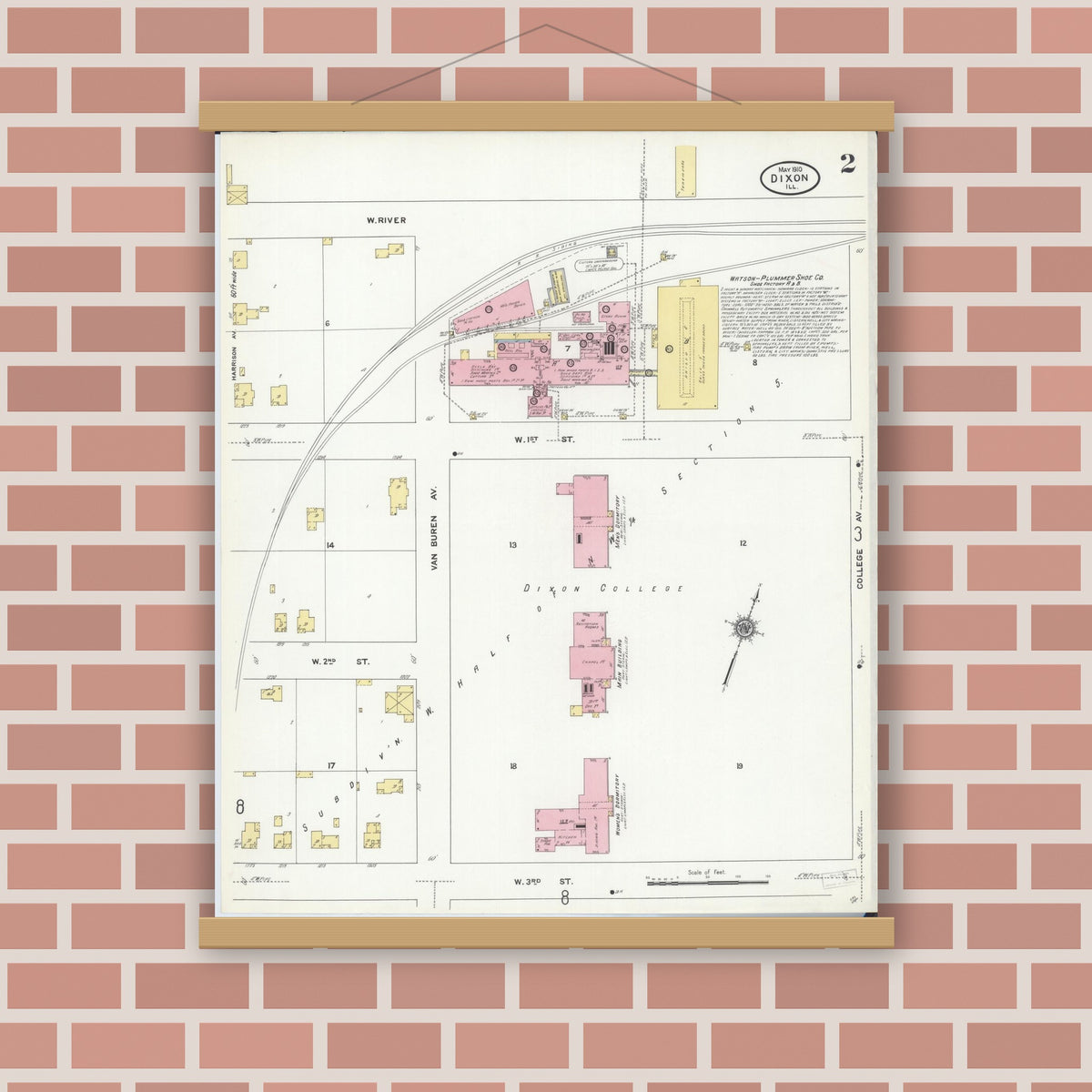 Old map wall art mockup — magnetic wood frame on brick wall — Sanborn Fire Insurance Map from Dixon, Lee County, Illinois (1910), Sheet #0002