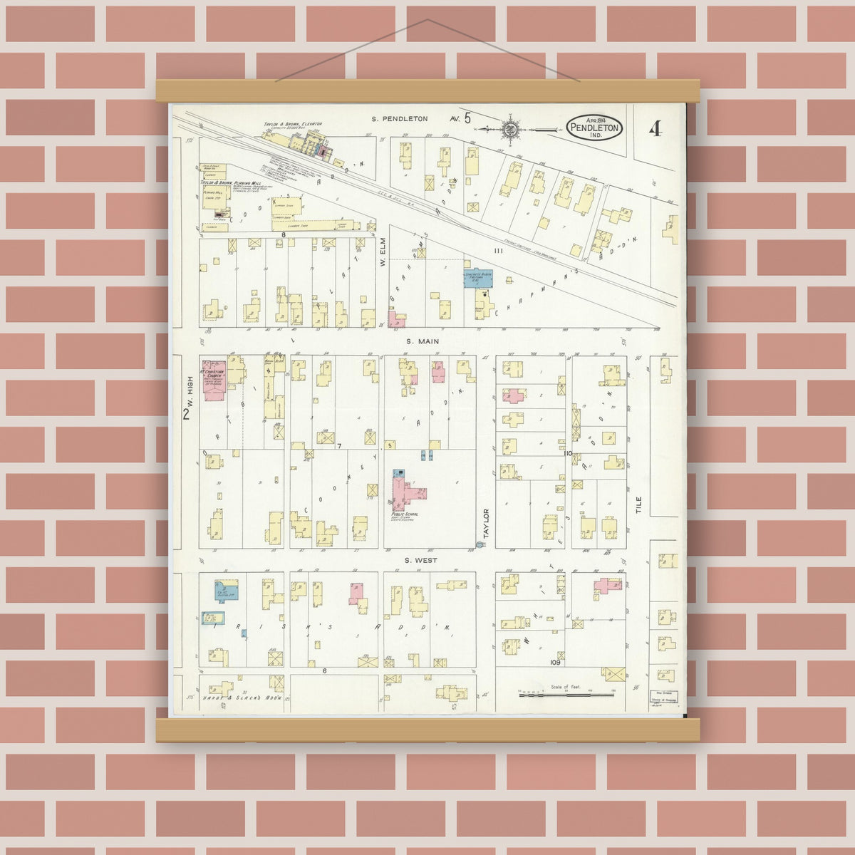 Old map wall art mockup — magnetic wood frame on brick wall — Sanborn Fire Insurance Map from Pendleton, Madison County, Indiana (1914), Sheet #0004