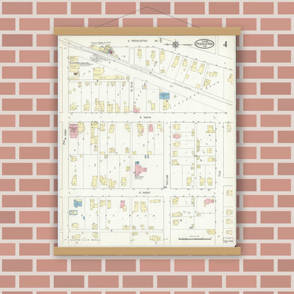 Old map wall art mockup — magnetic wood frame on brick wall — Sanborn Fire Insurance Map from Pendleton, Madison County, Indiana (1914), Sheet #0004