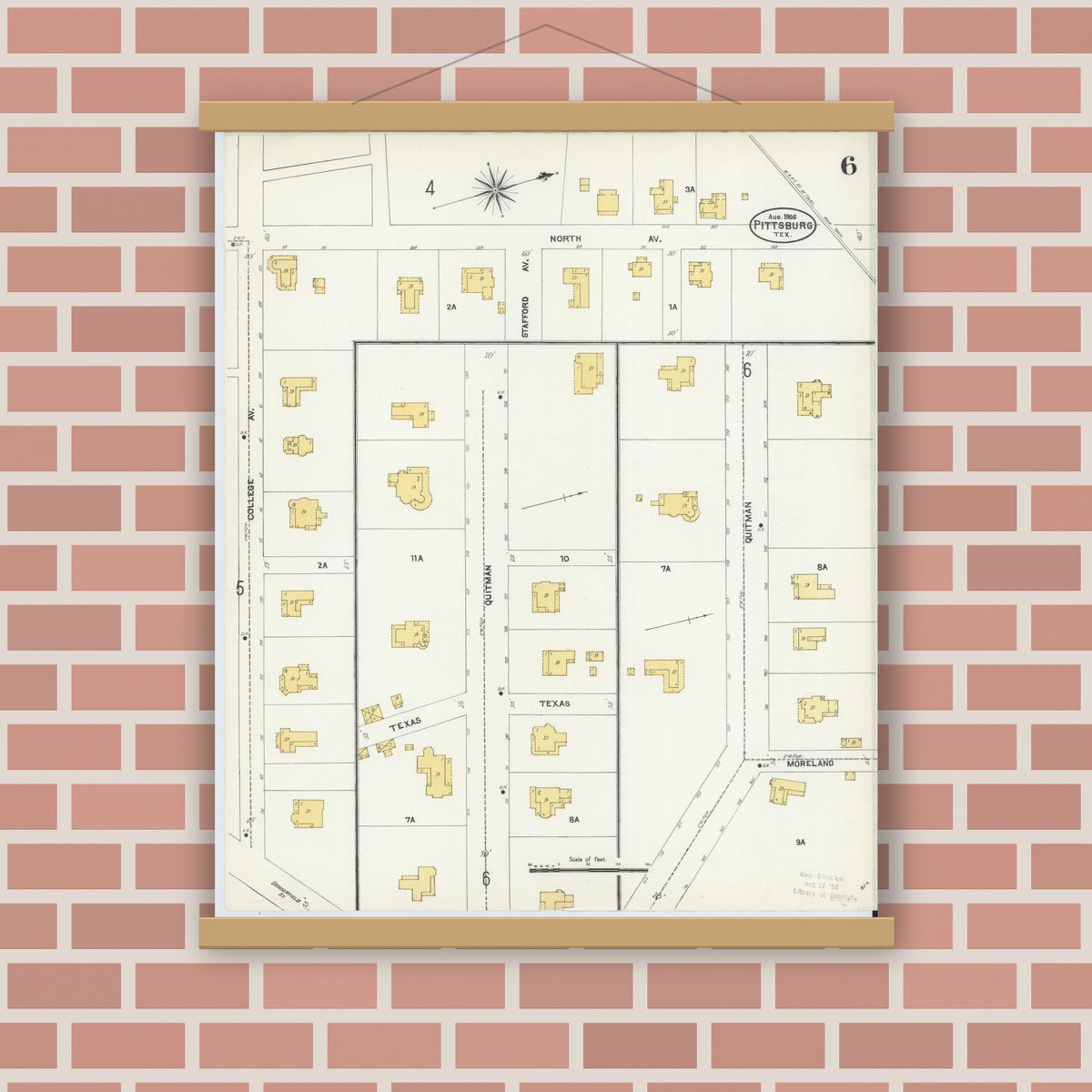 Old map wall art mockup — magnetic wood frame on brick wall — Sanborn Fire Insurance Map from Pittsburg, Camp County, Texas (1906), Sheet #0006