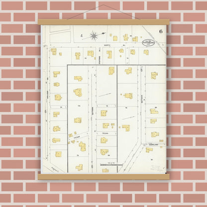 Old map wall art mockup — magnetic wood frame on brick wall — Sanborn Fire Insurance Map from Pittsburg, Camp County, Texas (1906), Sheet #0006