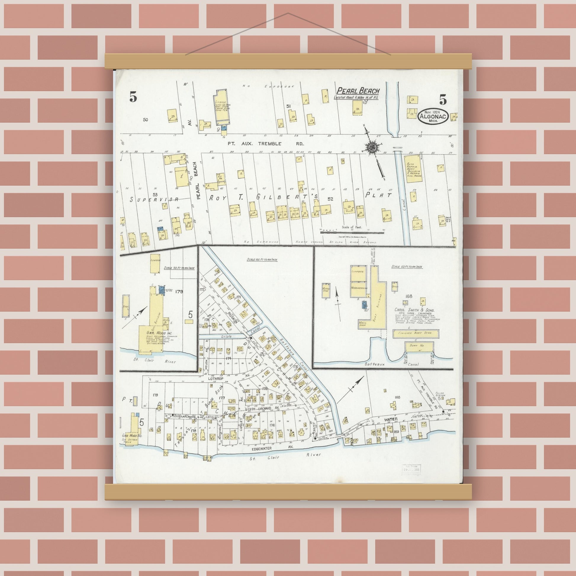 Old map wall art mockup — magnetic wood frame on brick wall — Sanborn Fire Insurance Map from Algonac, Saint Clair County, Michigan (1924), Sheet #0005