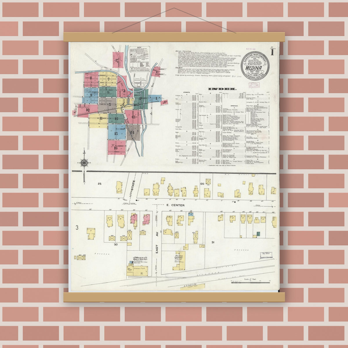 Old map wall art mockup — magnetic wood frame on brick wall — Sanborn Fire Insurance Map from Medina, Orleans County, New York (1909), Sheet #0001