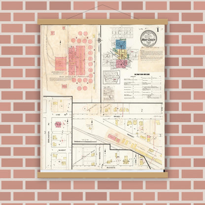 Old map wall art mockup — magnetic wood frame on brick wall — Sanborn Fire Insurance Map from What Cheer, Keokuk County, Iowa (1933), Sheet #0001
