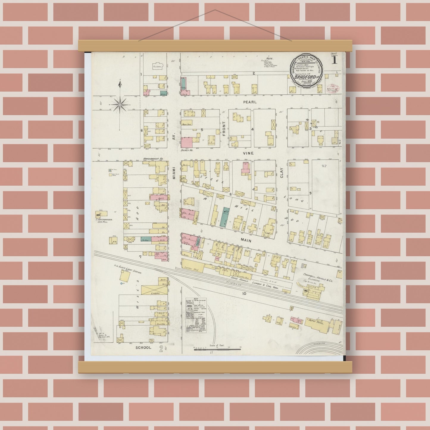 Old map wall art mockup — magnetic wood frame on brick wall — Sanborn Fire Insurance Map from Bradford, Darke and Miami Counties, Ohio (1895), Sheet #0001