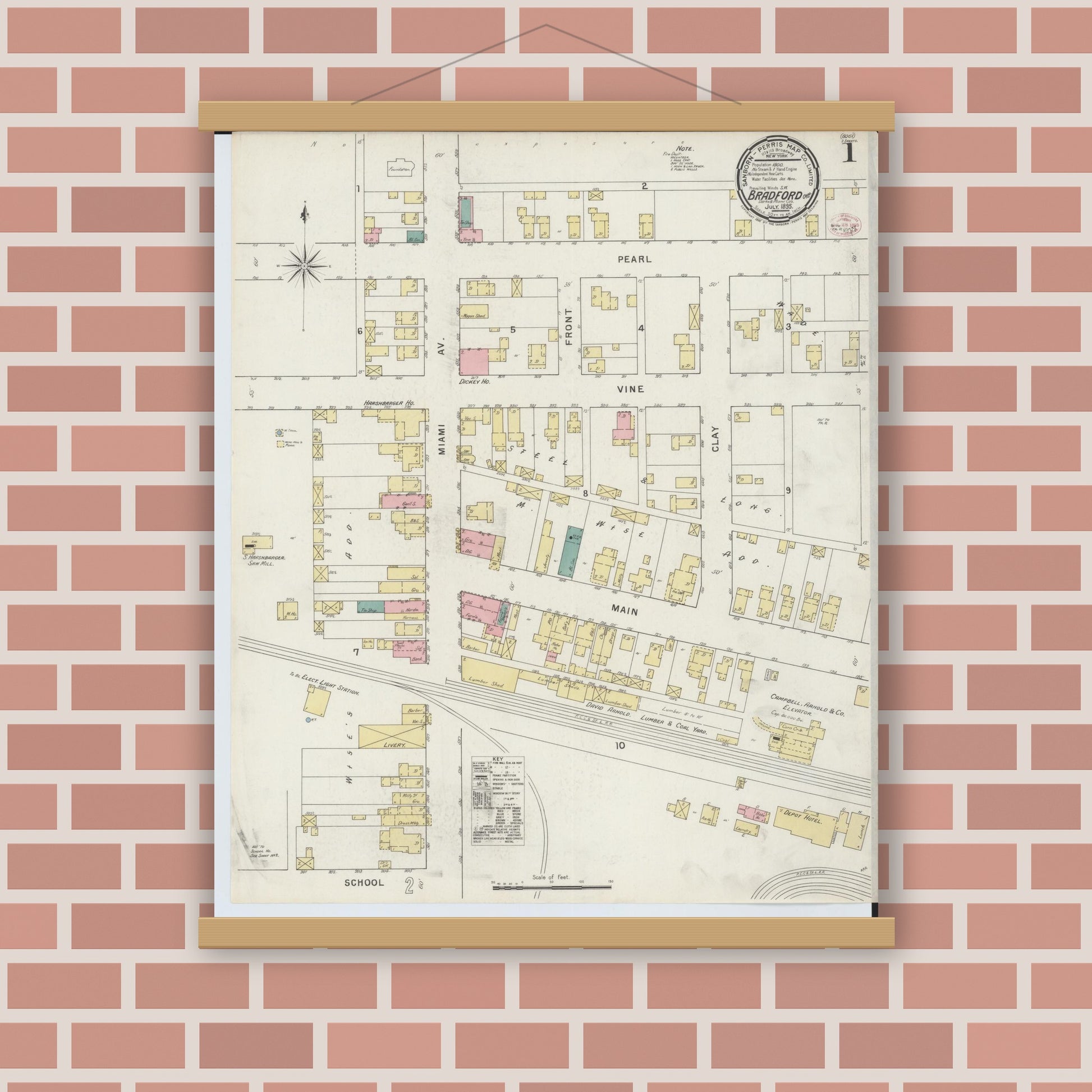 Old map wall art mockup — magnetic wood frame on brick wall — Sanborn Fire Insurance Map from Bradford, Darke and Miami Counties, Ohio (1895), Sheet #0001