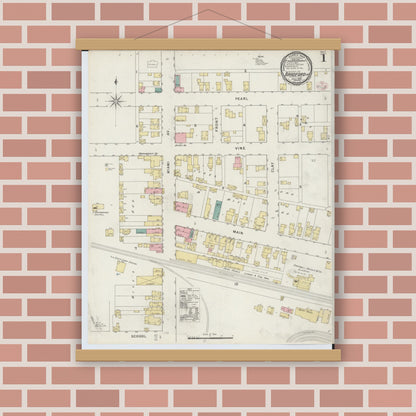 Old map wall art mockup — magnetic wood frame on brick wall — Sanborn Fire Insurance Map from Bradford, Darke and Miami Counties, Ohio (1895), Sheet #0001