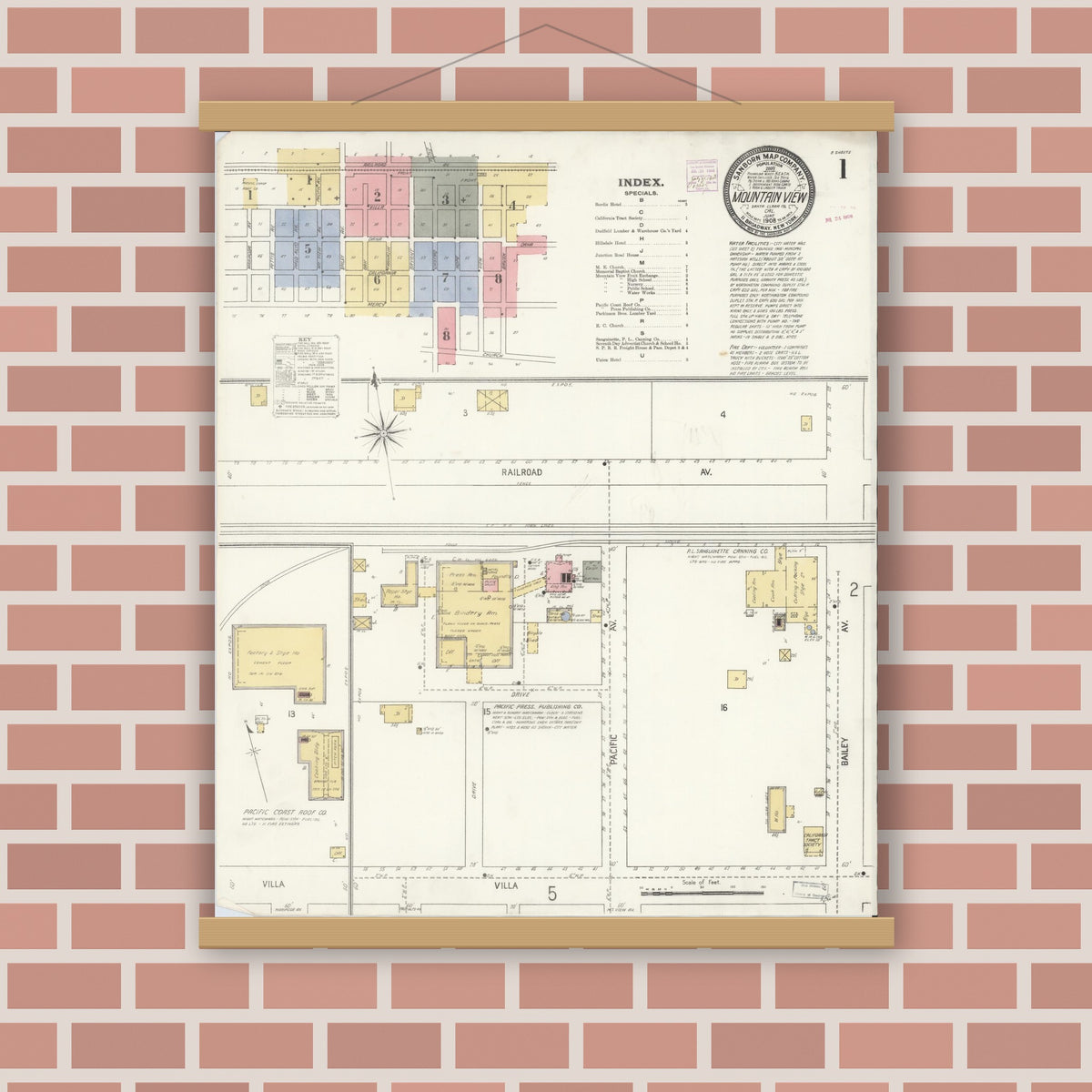 Old map wall art mockup — magnetic wood frame on brick wall — Sanborn Fire Insurance Map from Mountain View, Santa Clara County, California (1908) - Complete Map Set