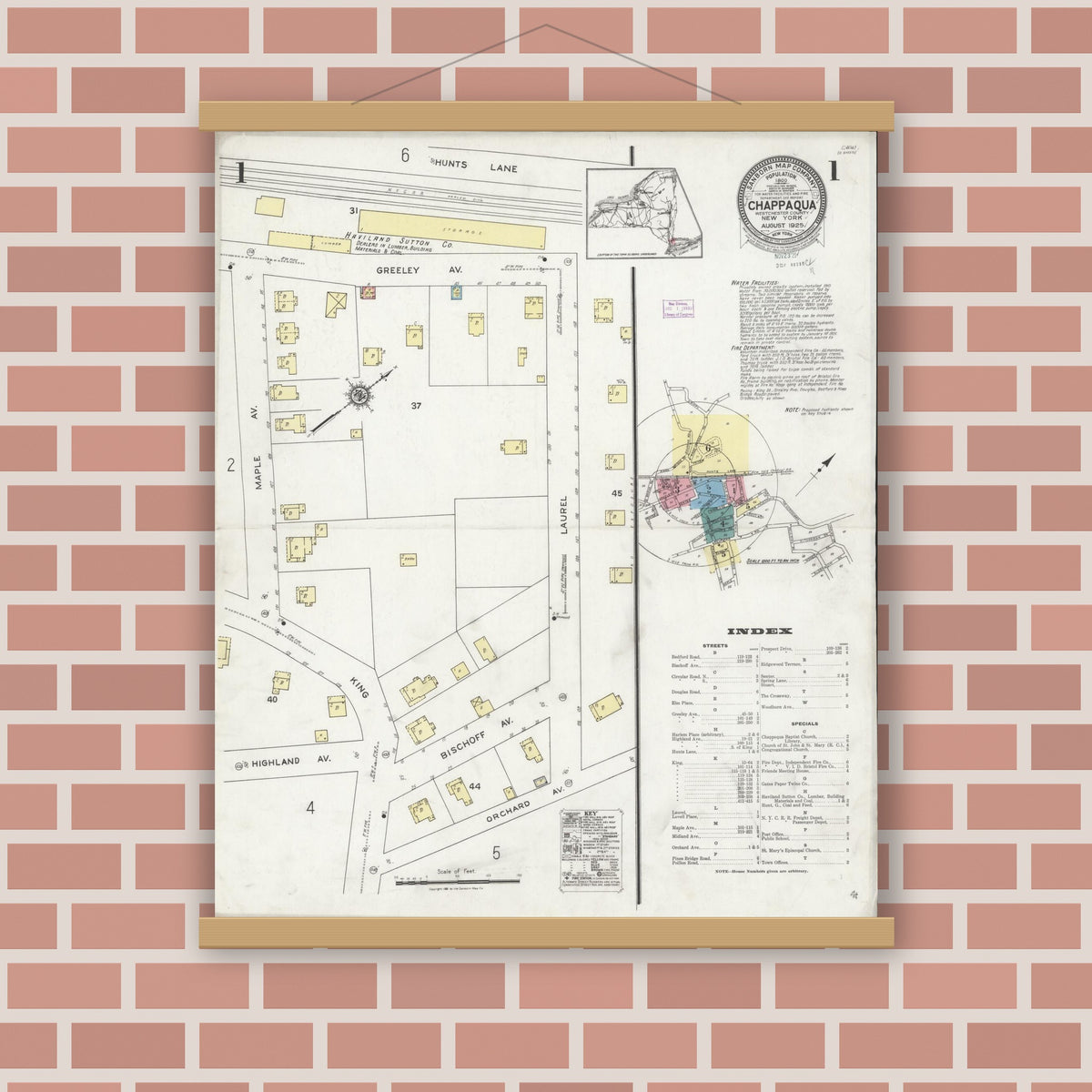 Old map wall art mockup — magnetic wood frame on brick wall — Sanborn Fire Insurance Map from Chappaqua, Westchester County, New York (1925), Sheet #0001