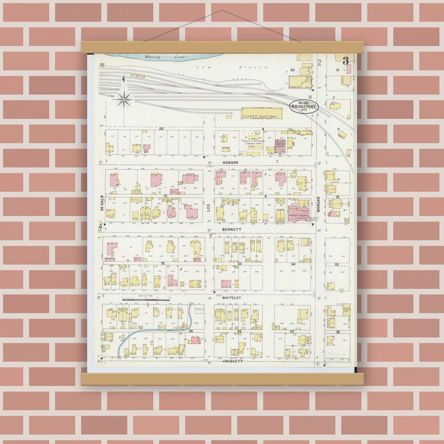 Old map wall art mockup — magnetic wood frame on brick wall — Sanborn Fire Insurance Map from Bridgeport, Belmont County, Ohio (1897), Sheet #0003