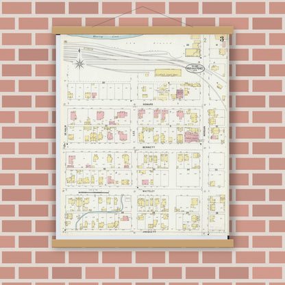 Old map wall art mockup — magnetic wood frame on brick wall — Sanborn Fire Insurance Map from Bridgeport, Belmont County, Ohio (1897), Sheet #0003