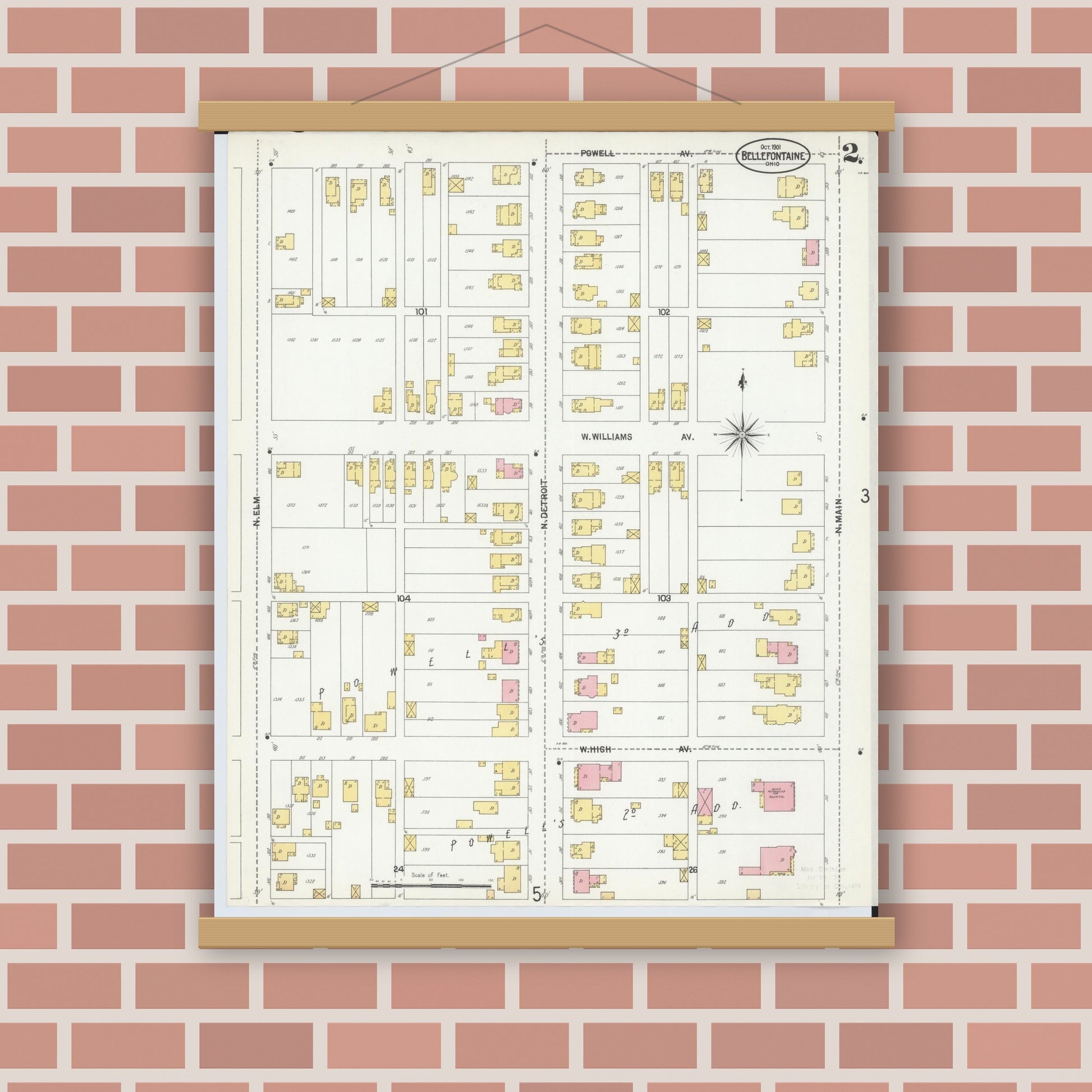 Old map wall art mockup — magnetic wood frame on brick wall — Sanborn Fire Insurance Map from Bellefontaine, Logan County, Ohio (1901), Sheet #0002