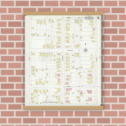Old map wall art mockup — magnetic wood frame on brick wall — Sanborn Fire Insurance Map from Bellefontaine, Logan County, Ohio (1901), Sheet #0002