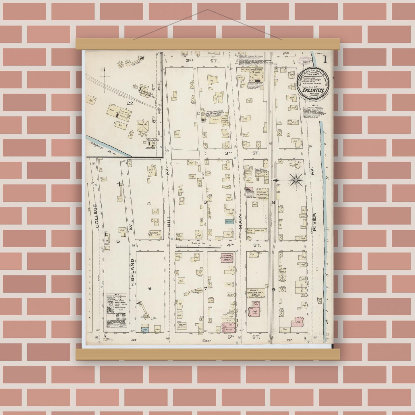Old map wall art mockup — magnetic wood frame on brick wall — Sanborn Fire Insurance Map from Emlenton, Venango County, Pennsylvania (1886), Sheet #0001