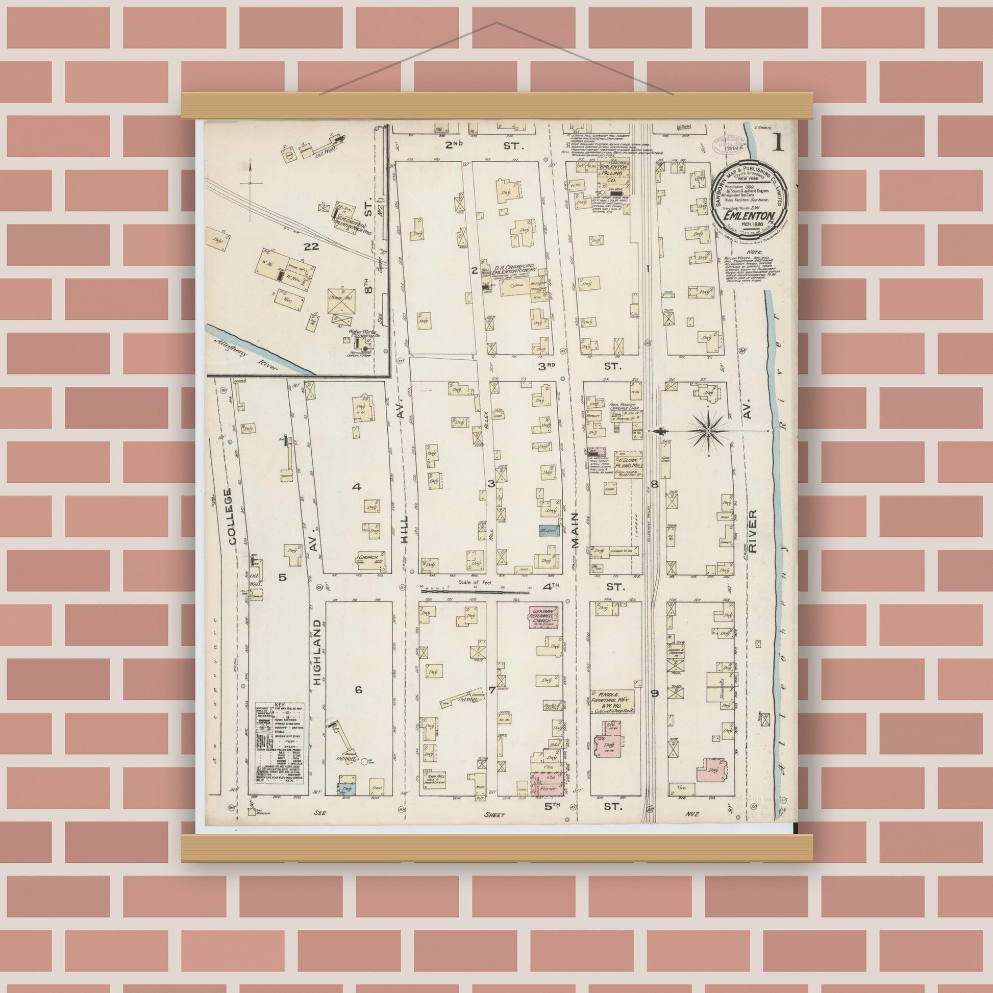 Old map wall art mockup — magnetic wood frame on brick wall — Sanborn Fire Insurance Map from Emlenton, Venango County, Pennsylvania (1886), Sheet #0001