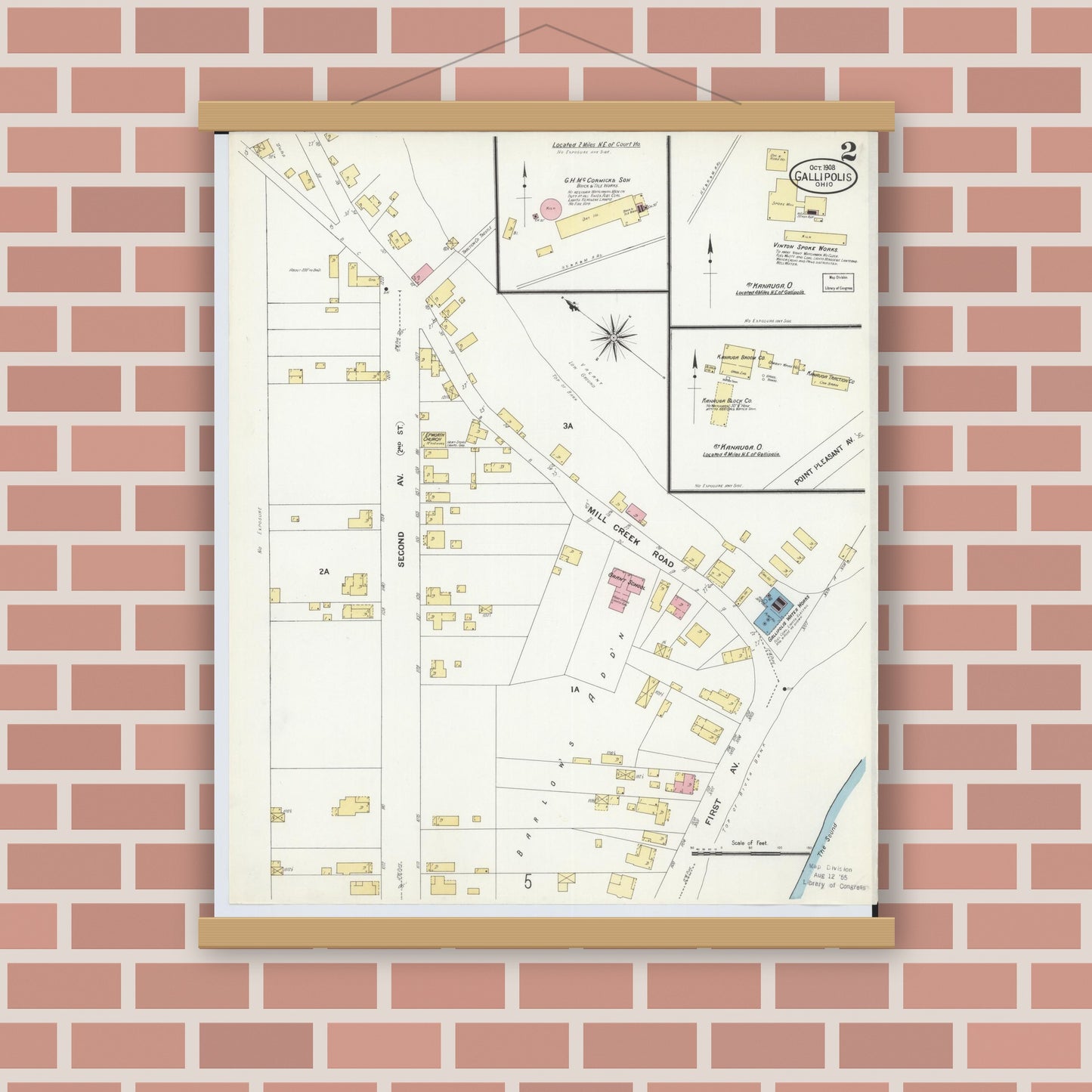 Old map wall art mockup — magnetic wood frame on brick wall — Sanborn Fire Insurance Map from Gallipolis, Gallia County, Ohio (1908), Sheet #0002