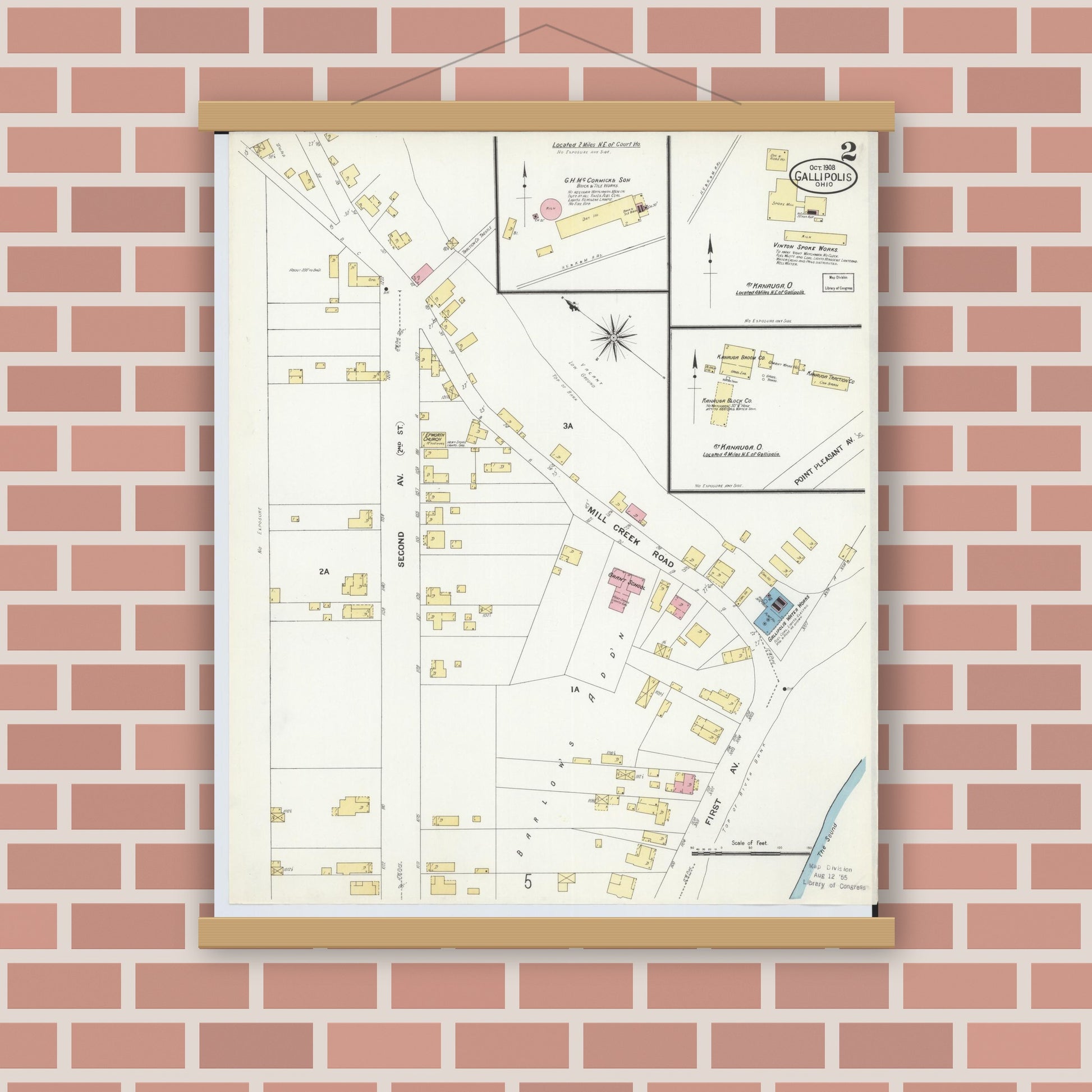 Old map wall art mockup — magnetic wood frame on brick wall — Sanborn Fire Insurance Map from Gallipolis, Gallia County, Ohio (1908), Sheet #0002