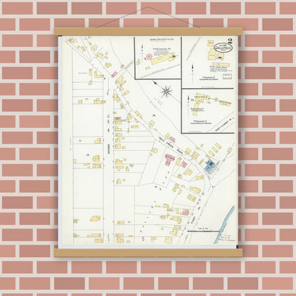 Old map wall art mockup — magnetic wood frame on brick wall — Sanborn Fire Insurance Map from Gallipolis, Gallia County, Ohio (1908), Sheet #0002
