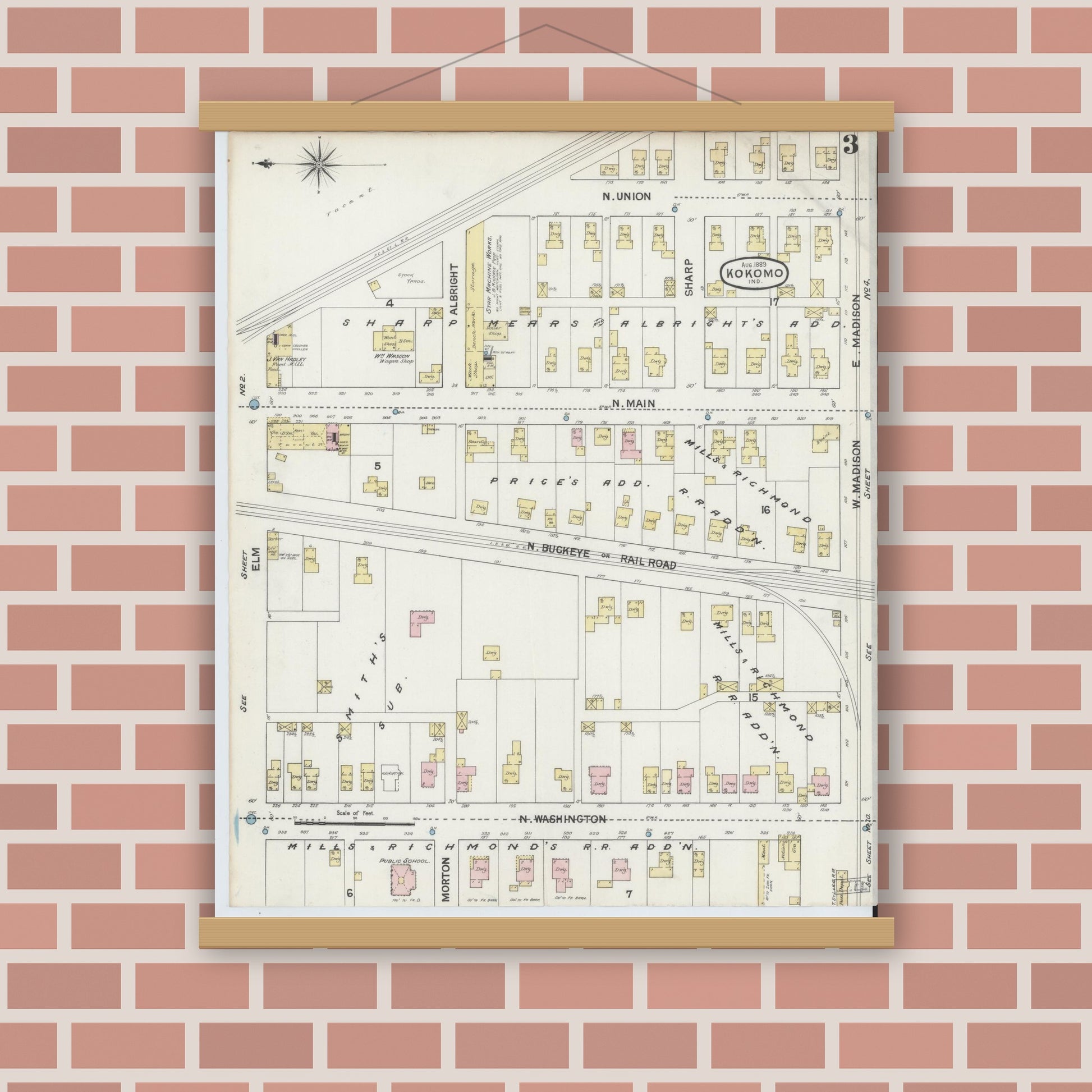 Old map wall art mockup — magnetic wood frame on brick wall — Sanborn Fire Insurance Map from Kokomo, Howard County, Indiana (1889), Sheet #0003