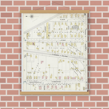 Old map wall art mockup — magnetic wood frame on brick wall — Sanborn Fire Insurance Map from Kokomo, Howard County, Indiana (1889), Sheet #0003