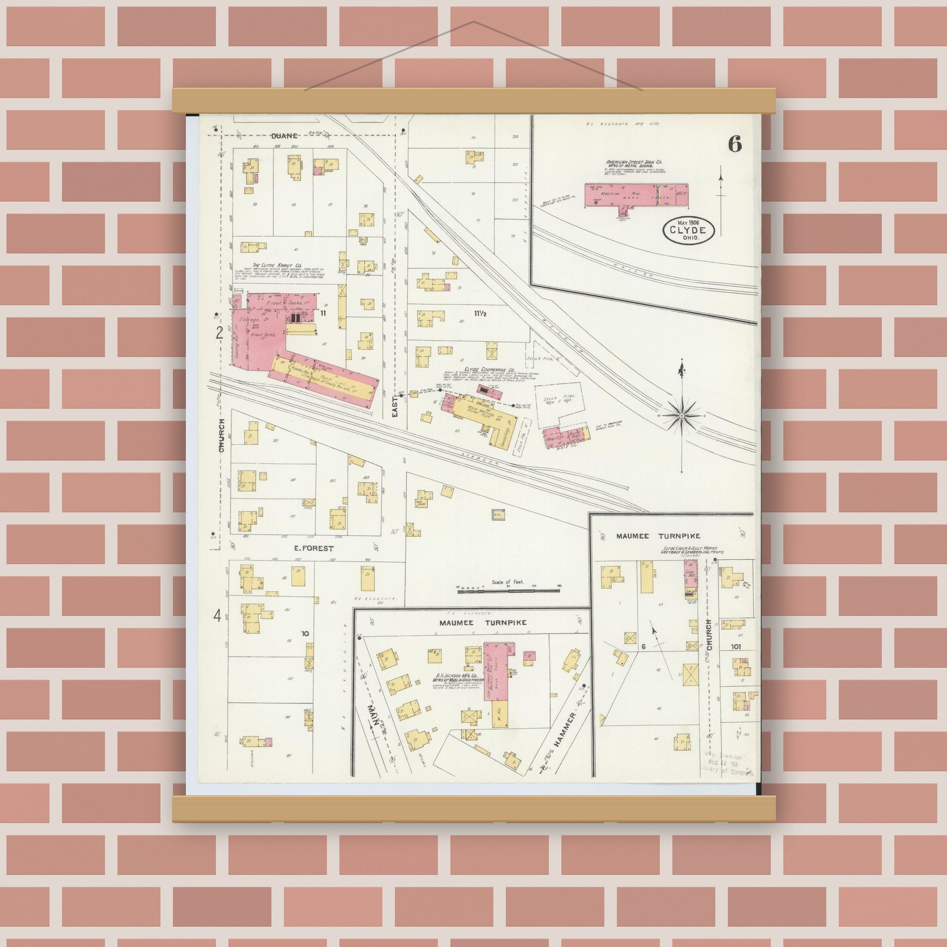 Old map wall art mockup — magnetic wood frame on brick wall — Sanborn Fire Insurance Map from Clyde, Sandusky County, Ohio (1906), Sheet #0006