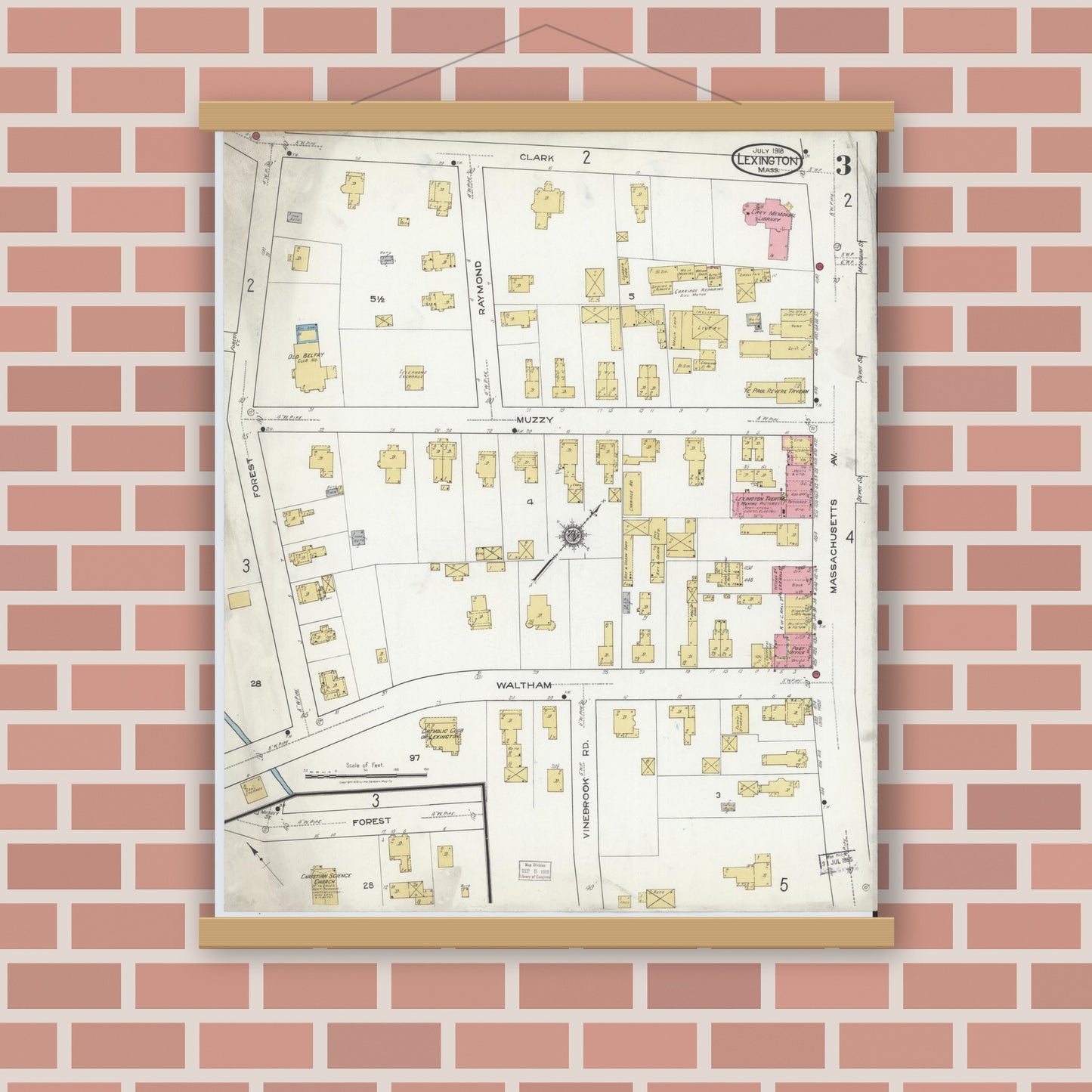 Old map wall art mockup — magnetic wood frame on brick wall — Sanborn Fire Insurance Map from Lexington, Middlesex County, Massachusetts (1918), Sheet #0003
