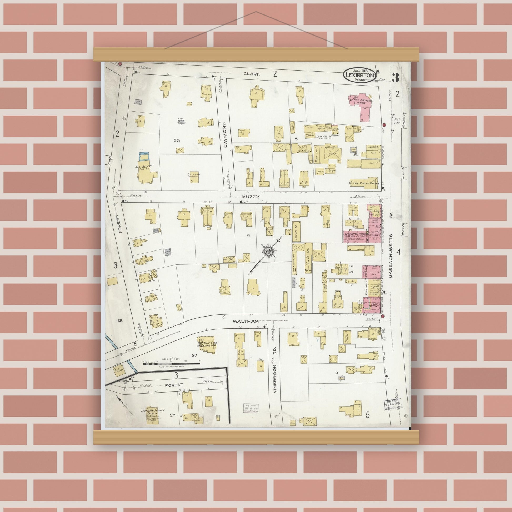 Old map wall art mockup — magnetic wood frame on brick wall — Sanborn Fire Insurance Map from Lexington, Middlesex County, Massachusetts (1918), Sheet #0003