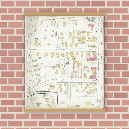 Old map wall art mockup — magnetic wood frame on brick wall — Sanborn Fire Insurance Map from Lexington, Middlesex County, Massachusetts (1918), Sheet #0003