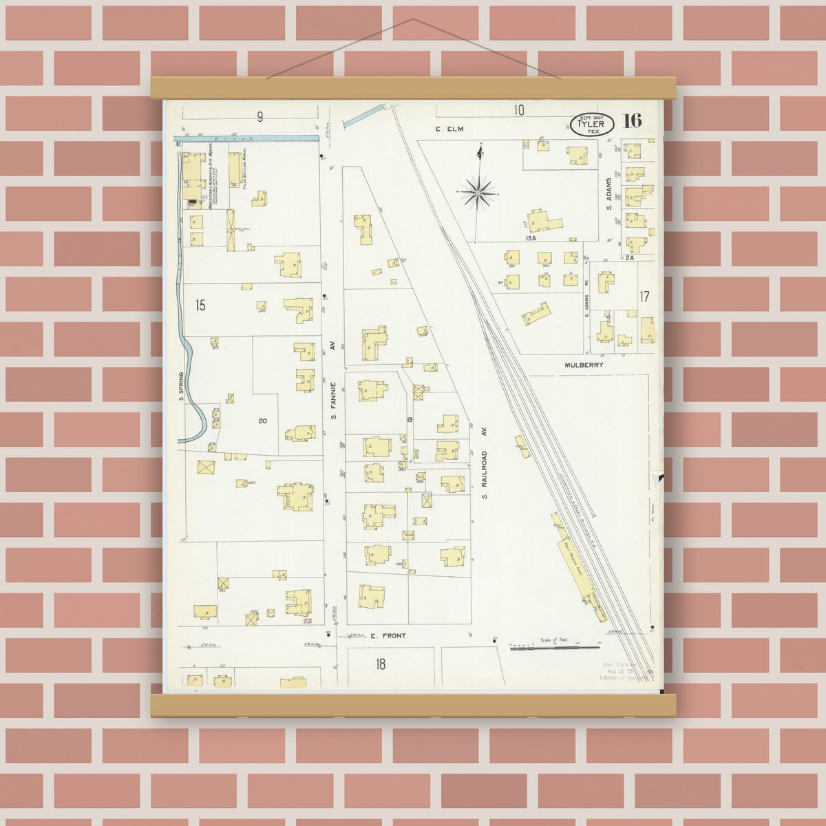 Old map wall art mockup — magnetic wood frame on brick wall — Sanborn Fire Insurance Map from Tyler, Smith County, Texas (1907), Sheet #0016