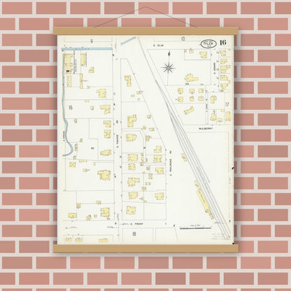 Old map wall art mockup — magnetic wood frame on brick wall — Sanborn Fire Insurance Map from Tyler, Smith County, Texas (1907), Sheet #0016