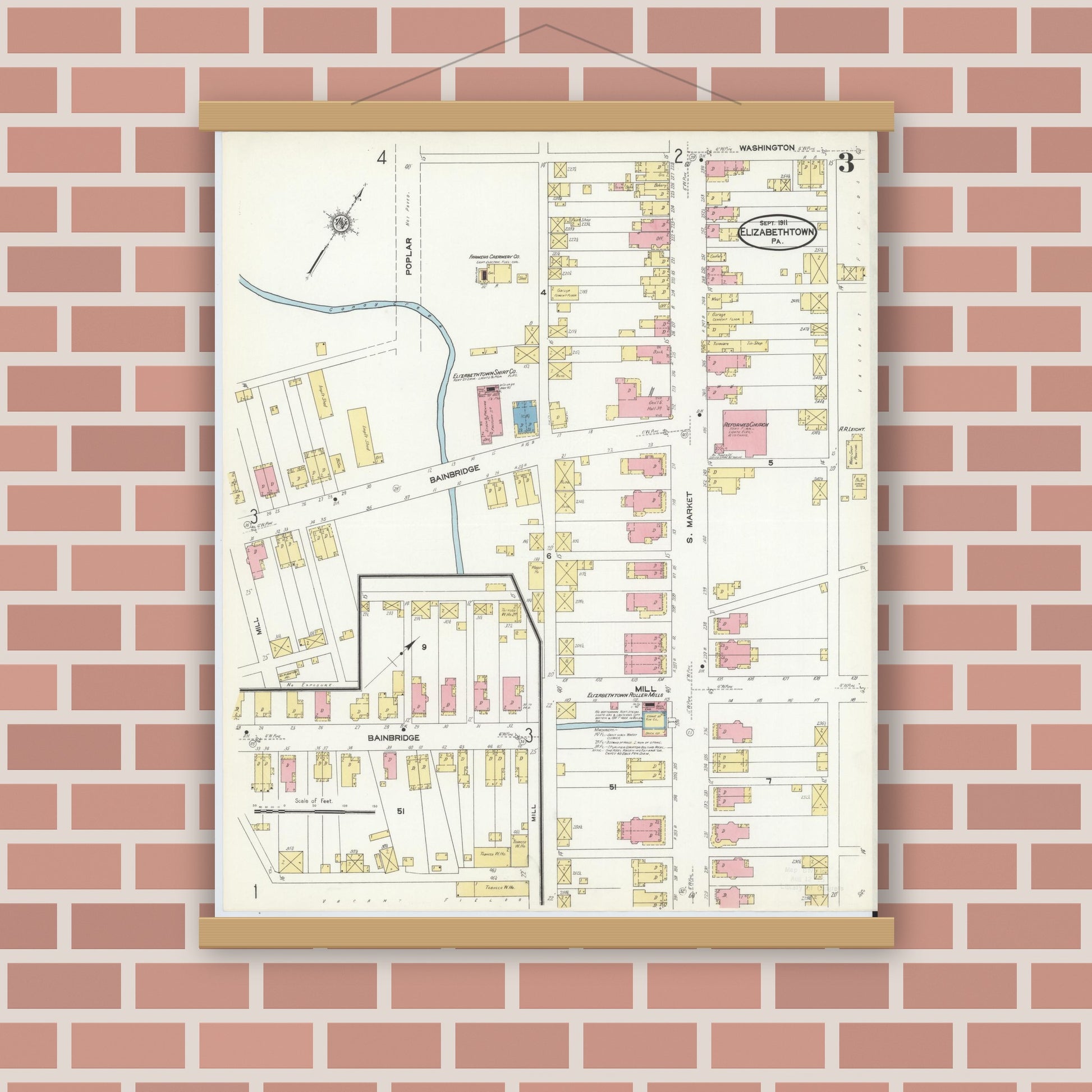 Old map wall art mockup — magnetic wood frame on brick wall — Sanborn Fire Insurance Map from Elizabethtown, Lancaster County, Pennsylvania (1911), Sheet #0003
