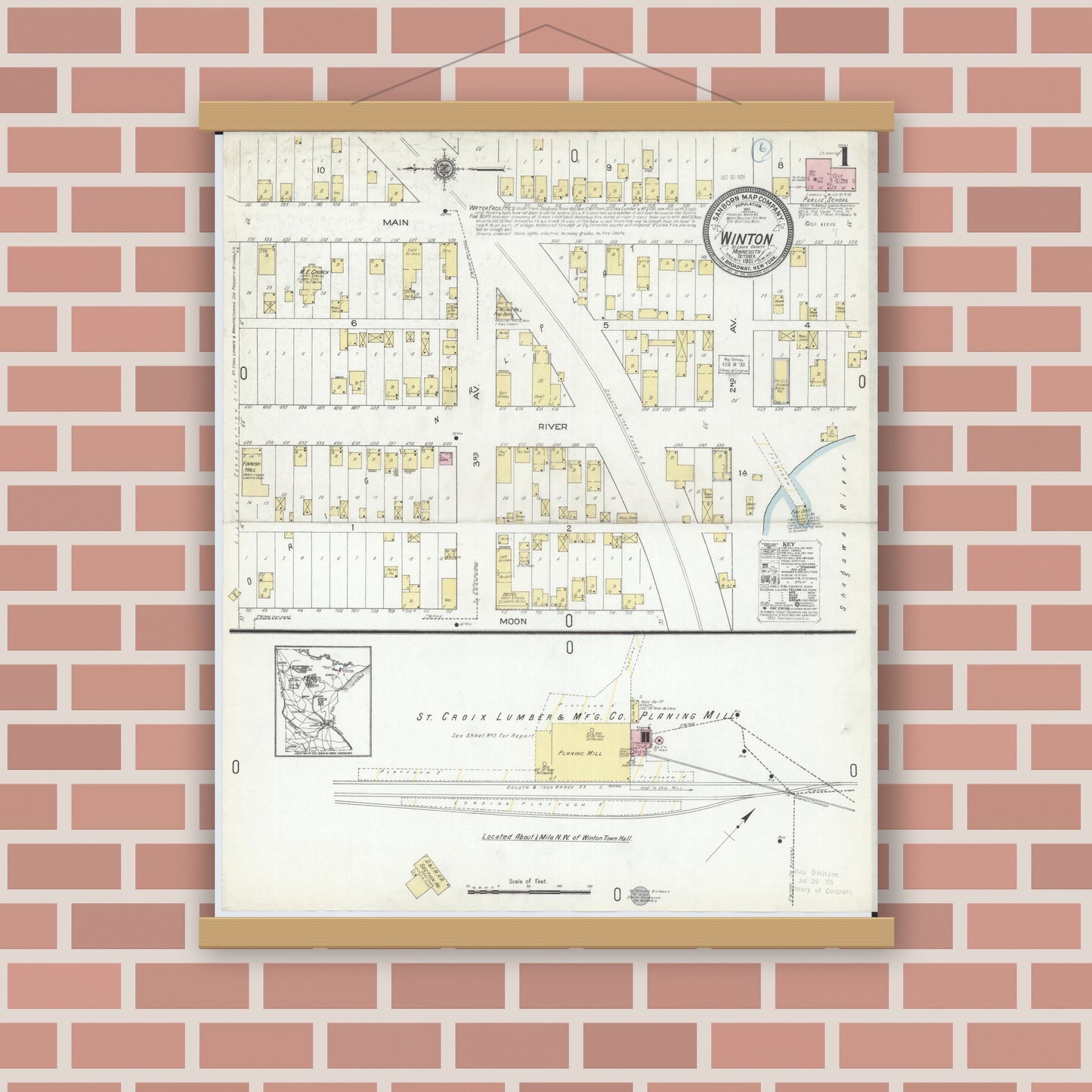 Old map wall art mockup — magnetic wood frame on brick wall — Sanborn Fire Insurance Map from Winton, Saint Louis County, Minnesota (1921) - Complete Map Set