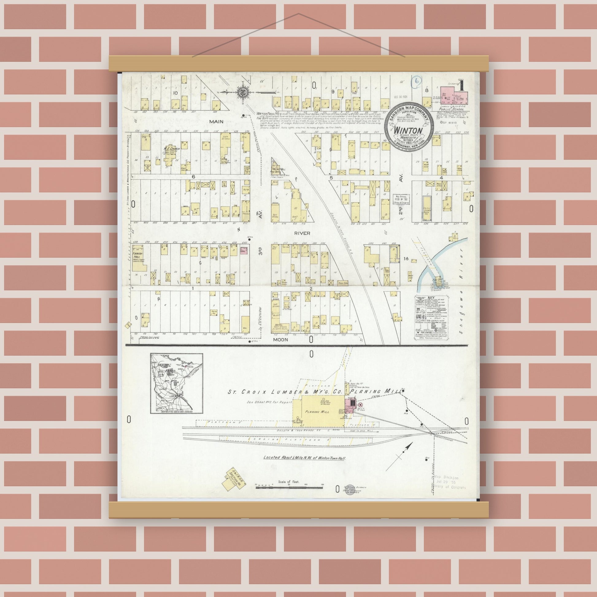 Old map wall art mockup — magnetic wood frame on brick wall — Sanborn Fire Insurance Map from Winton, Saint Louis County, Minnesota (1921) - Complete Map Set