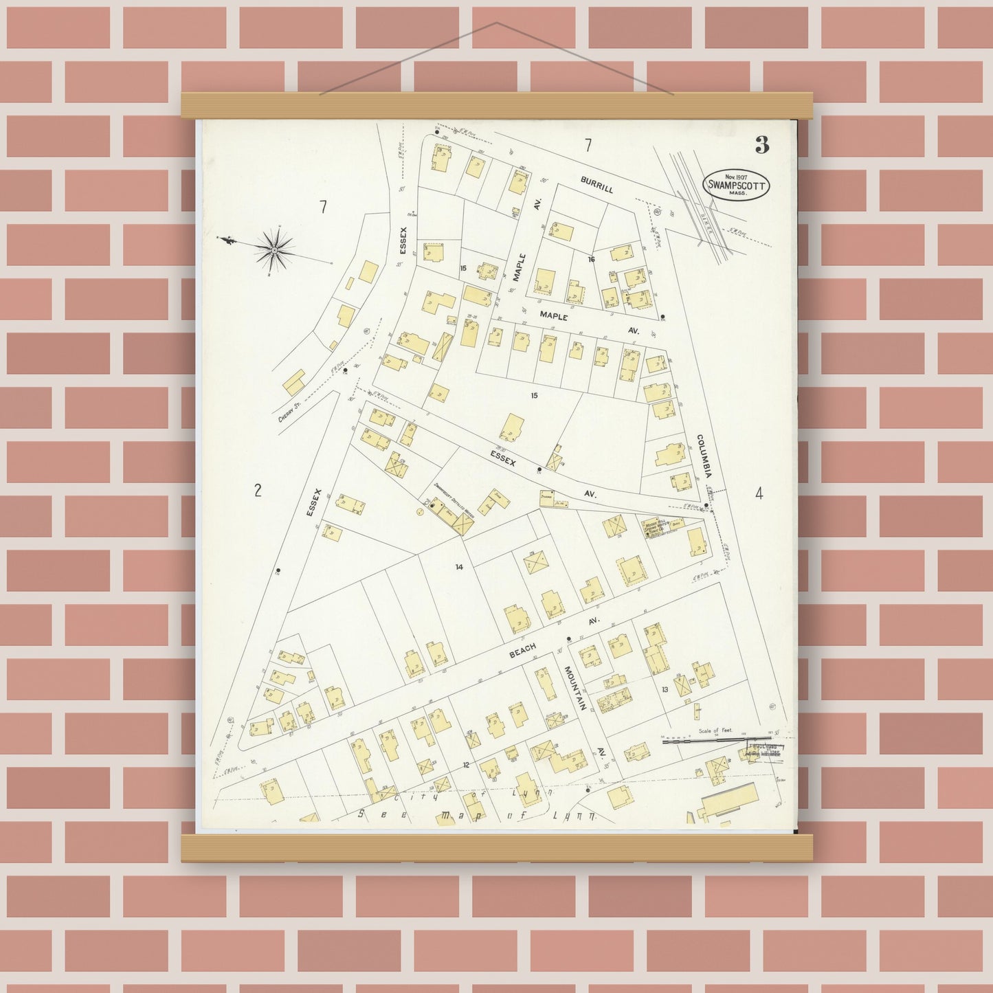 Old map wall art mockup — magnetic wood frame on brick wall — Sanborn Fire Insurance Map from Swampscott, Essex County, Massachusetts (1907), Sheet #0003