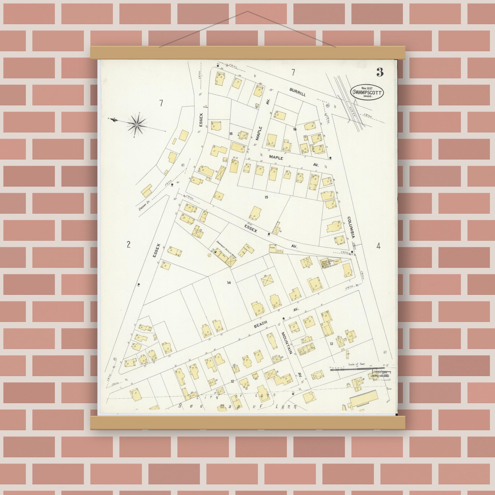 Old map wall art mockup — magnetic wood frame on brick wall — Sanborn Fire Insurance Map from Swampscott, Essex County, Massachusetts (1907), Sheet #0003