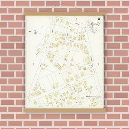Old map wall art mockup — magnetic wood frame on brick wall — Sanborn Fire Insurance Map from Swampscott, Essex County, Massachusetts (1907), Sheet #0003