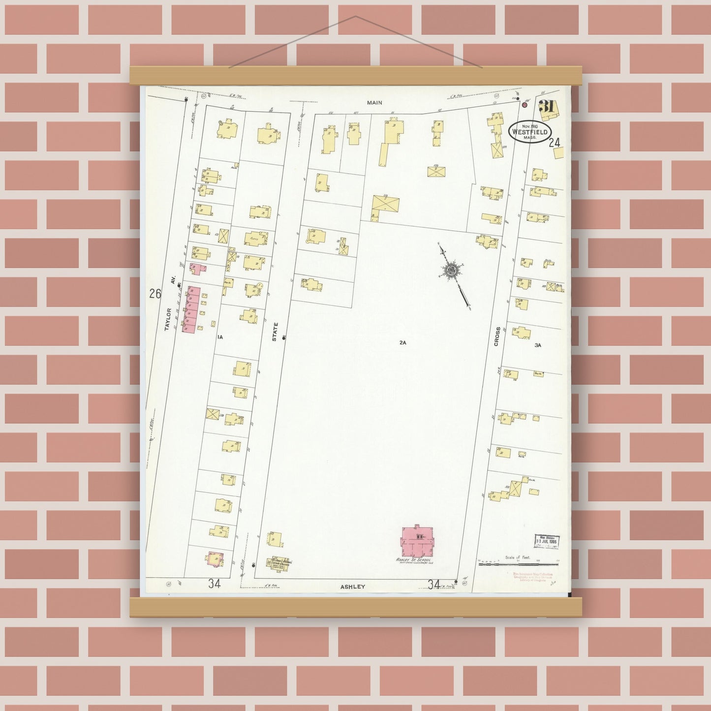 Old map wall art mockup — magnetic wood frame on brick wall — Sanborn Fire Insurance Map from Westfield, Hampden County, Massachusetts (1910), Sheet #0031