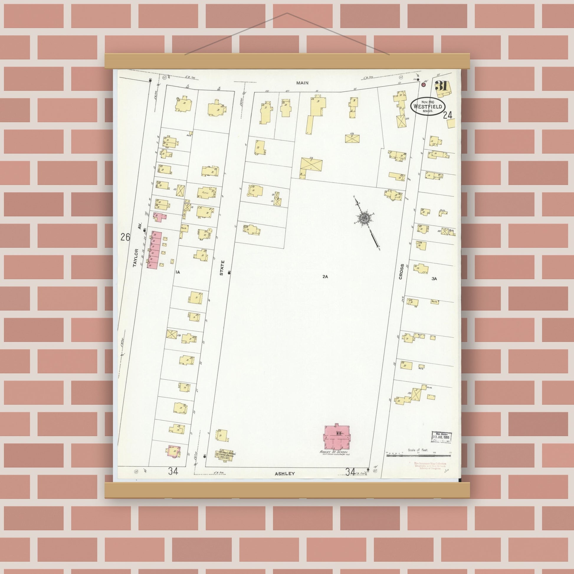 Old map wall art mockup — magnetic wood frame on brick wall — Sanborn Fire Insurance Map from Westfield, Hampden County, Massachusetts (1910), Sheet #0031