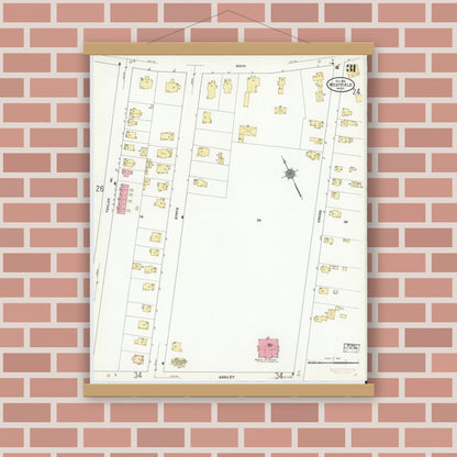 Old map wall art mockup — magnetic wood frame on brick wall — Sanborn Fire Insurance Map from Westfield, Hampden County, Massachusetts (1910), Sheet #0031