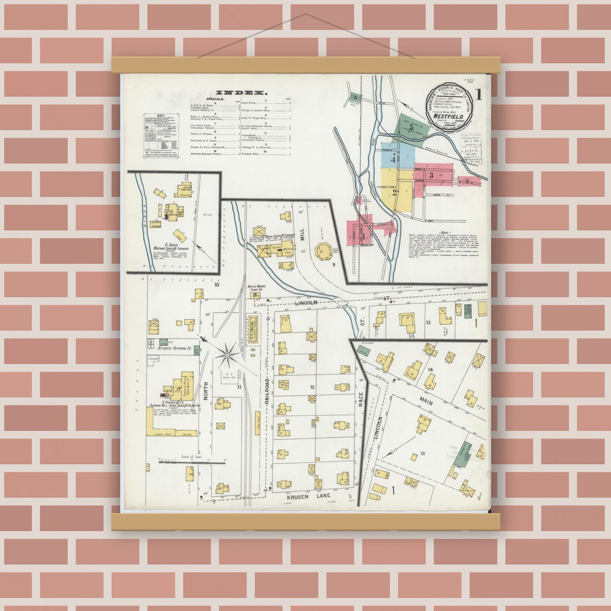 Old map wall art mockup — magnetic wood frame on brick wall — Sanborn Fire Insurance Map from Westfield, Tioga County, Pennsylvania (1900) - Complete Map Set
