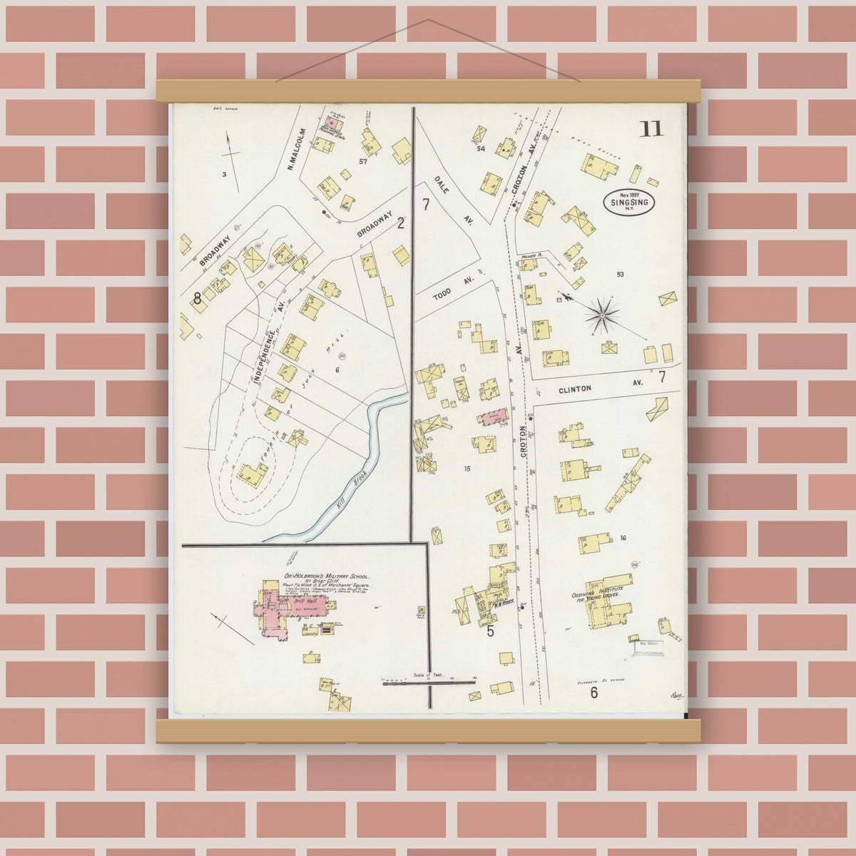 Old map wall art mockup — magnetic wood frame on brick wall — Sanborn Fire Insurance Map from Sing Sing, Westchester County, New York (1897), Sheet #0011