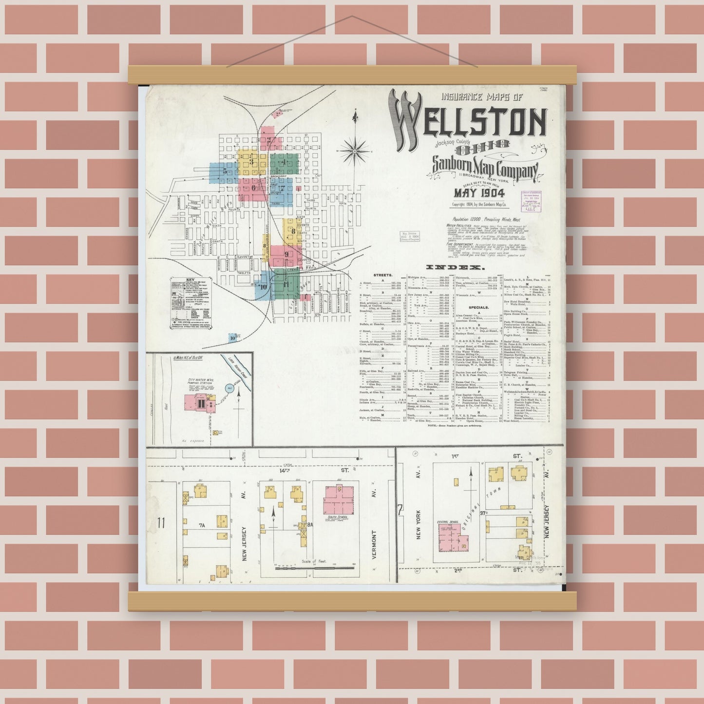 Old map wall art mockup — magnetic wood frame on brick wall — Sanborn Fire Insurance Map from Wellston, Jackson County, Ohio (1904) - Complete Map Set