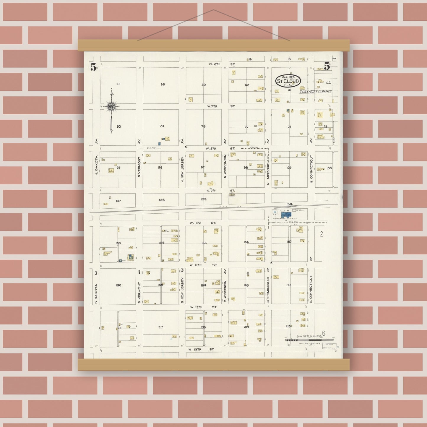 Old map wall art mockup — magnetic wood frame on brick wall — Sanborn Fire Insurance Map from Saint Cloud, Osceola County, Florida (1924), Sheet #0005