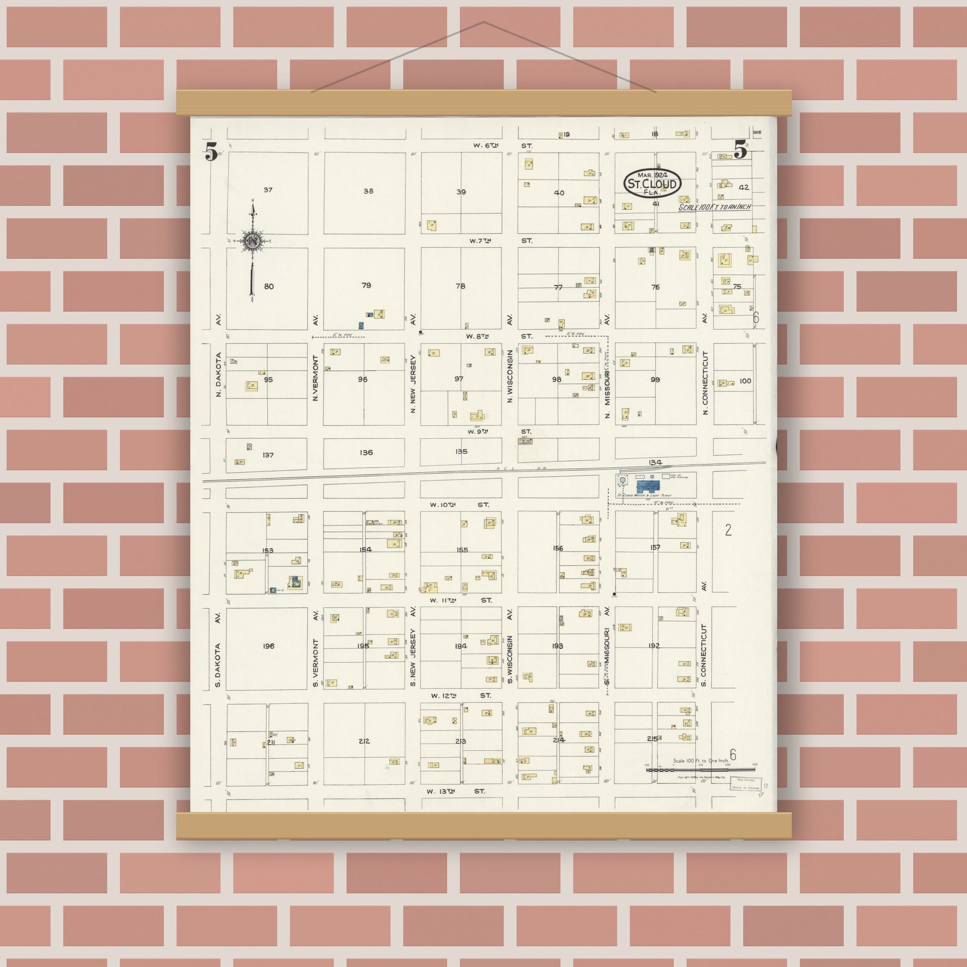 Old map wall art mockup — magnetic wood frame on brick wall — Sanborn Fire Insurance Map from Saint Cloud, Osceola County, Florida (1924), Sheet #0005