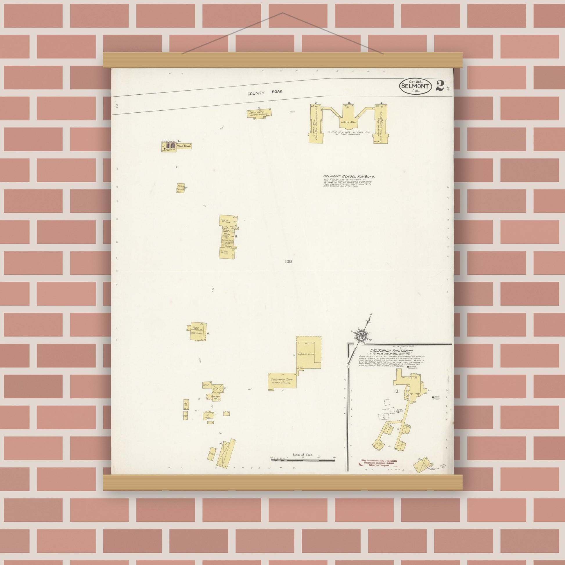 Old map wall art mockup — magnetic wood frame on brick wall — Sanborn Fire Insurance Map from Belmont, San Mateo County, California (1913), Sheet #0002