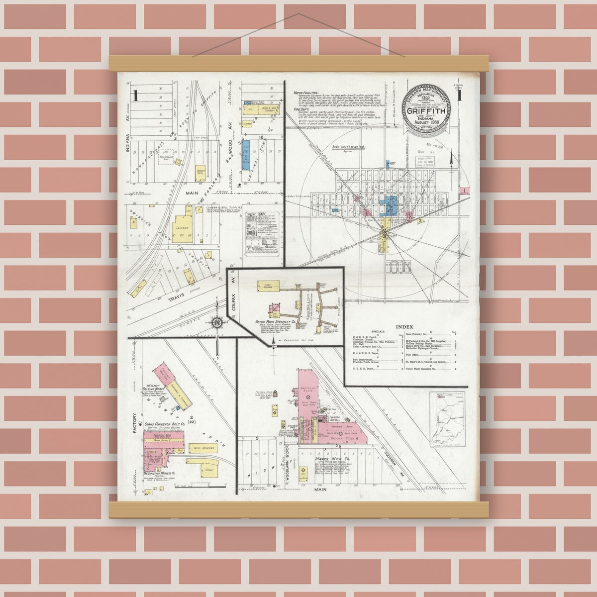Old map wall art mockup — magnetic wood frame on brick wall — Sanborn Fire Insurance Map from Griffith, Lake County, Indiana (1930), Sheet #0001