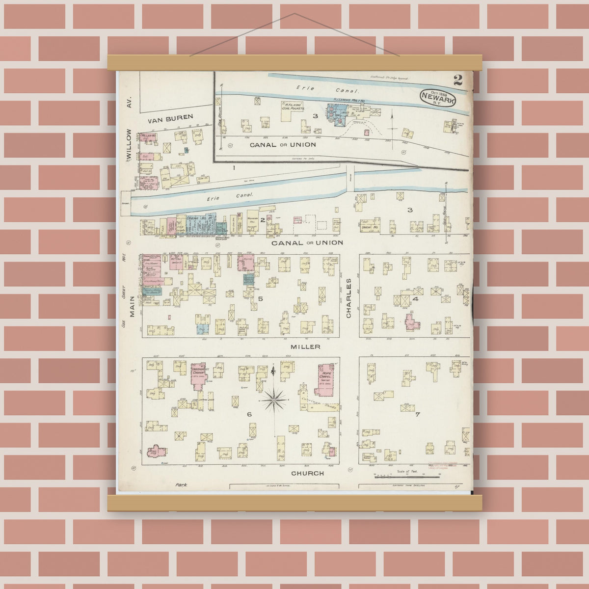 Old map wall art mockup — magnetic wood frame on brick wall — Sanborn Fire Insurance Map from Newark, Wayne County, New York (1885), Sheet #0002