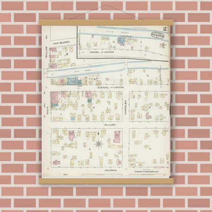 Old map wall art mockup — magnetic wood frame on brick wall — Sanborn Fire Insurance Map from Newark, Wayne County, New York (1885), Sheet #0002