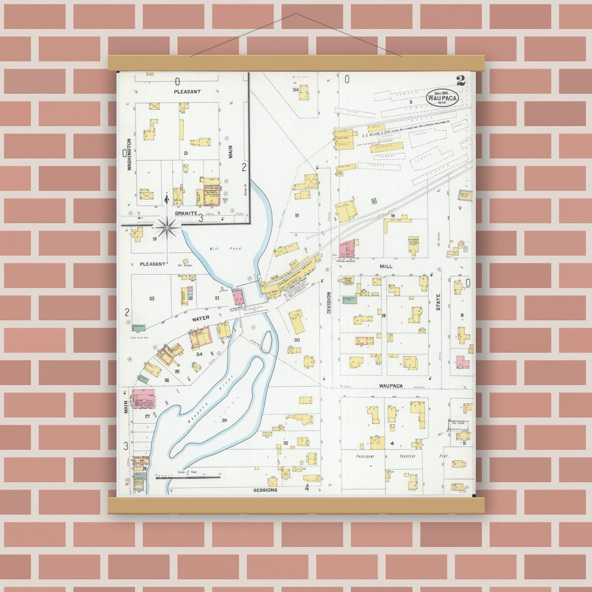 Old map wall art mockup — magnetic wood frame on brick wall — Sanborn Fire Insurance Map from Waupaca, Waupaca County, Wisconsin (1901), Sheet #0002